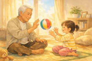 室内で高齢者と孫が紙風船で遊んでいる穏やかなイラスト