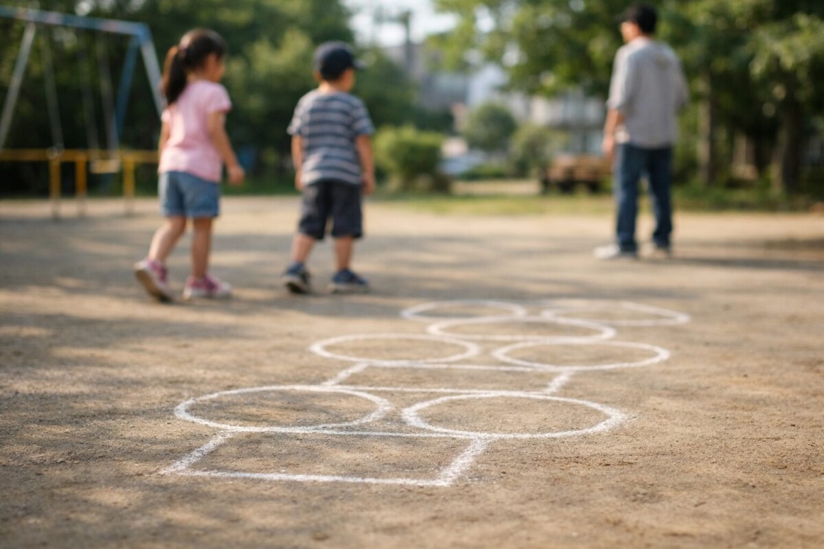 公園の地面に描かれたけんけんぱのマス