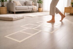 室内の床に作ったテープのマス