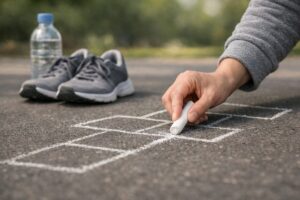 チョークで地面に線を描く手元