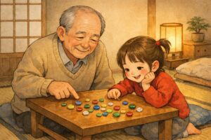 テーブルで高齢者と孫がおはじきを楽しんでいる様子