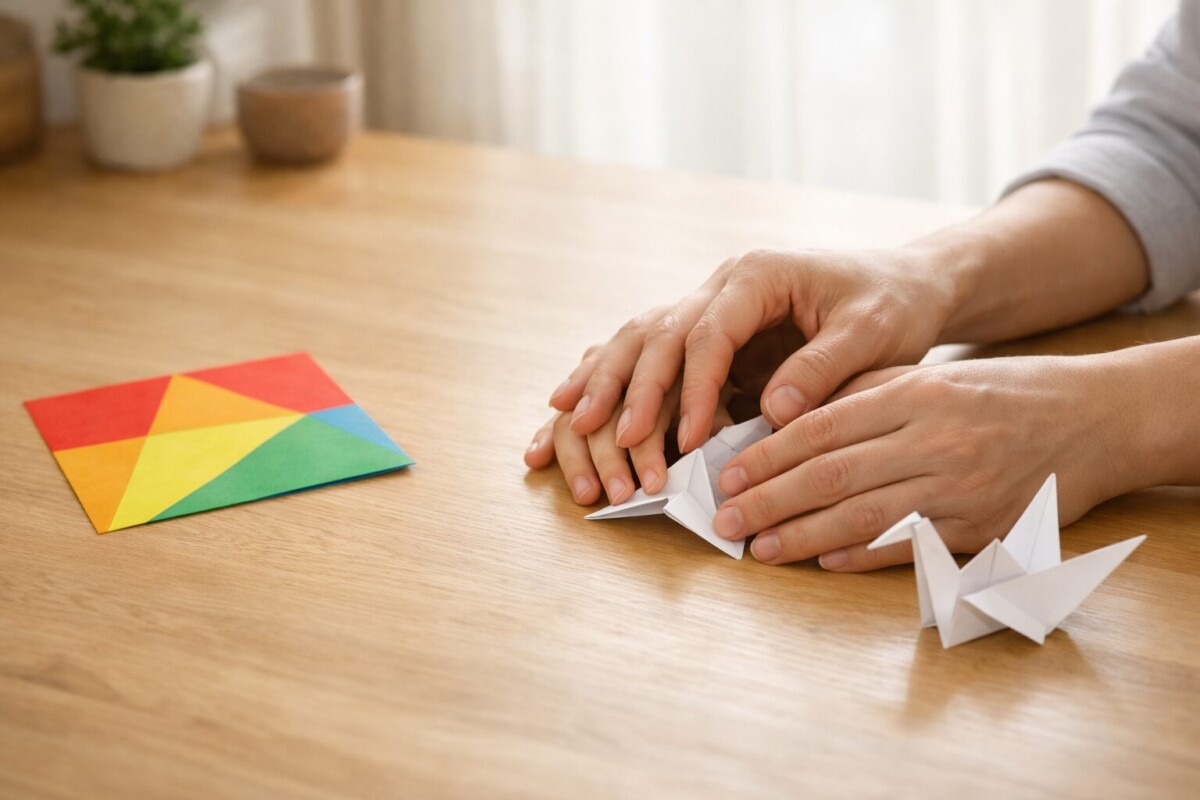 親子で静かに折り紙の鶴を折っている手元の風景