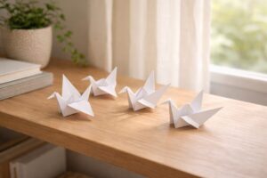 窓辺の棚に静かに飾られた折り紙の鶴