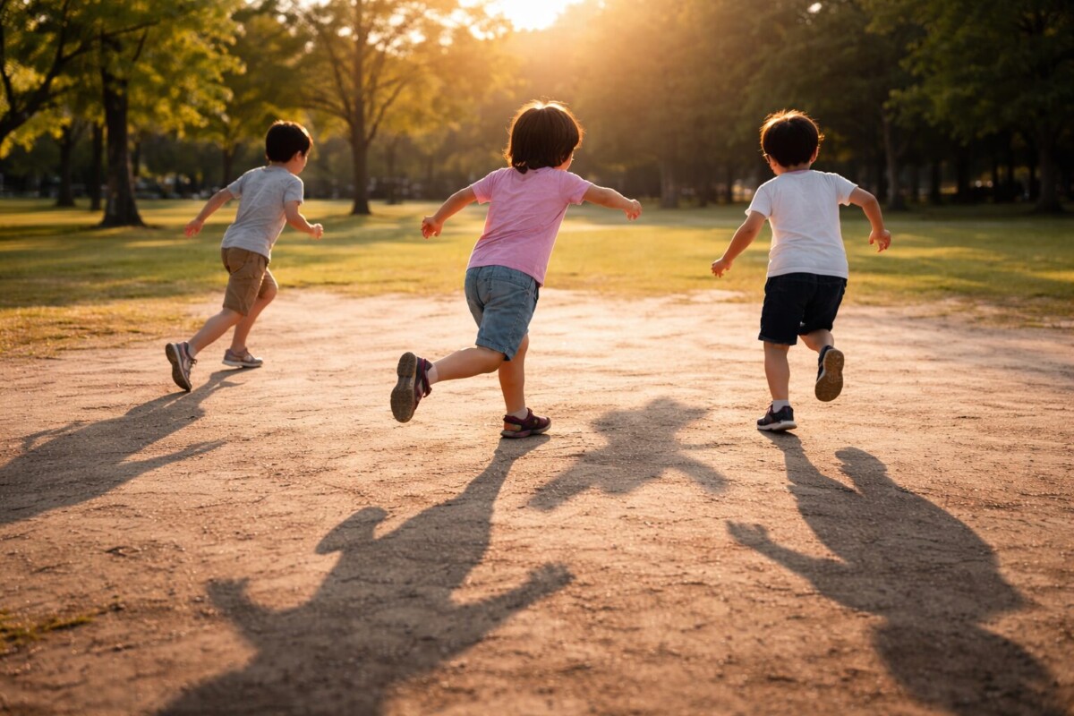 夕方の公園で長い影と遊ぶ子どもたち