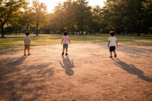 広く見通しのよい場所で影遊びを楽しむ様子