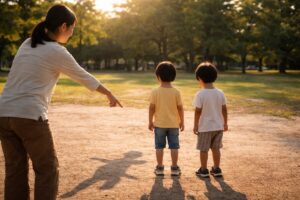大人と子どもが影を見ながら遊び始める場面