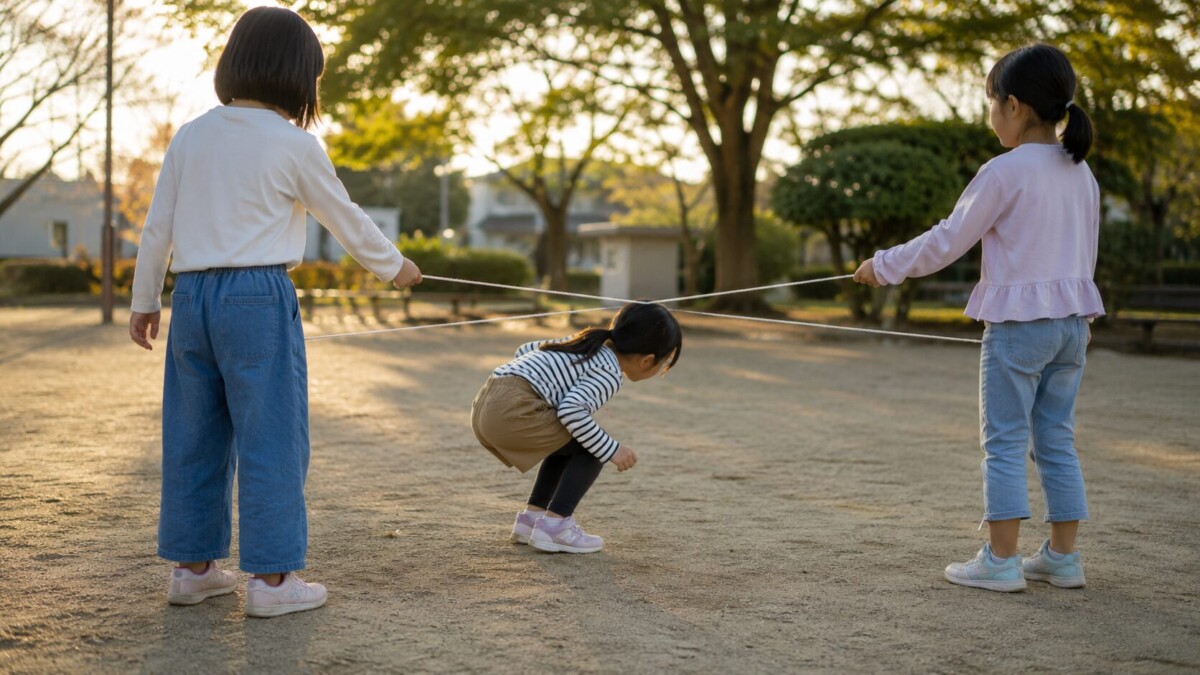 紐を使った昔遊びをする子どもたち