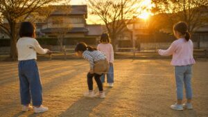 夕方の公園で昔遊びをする子どもたち