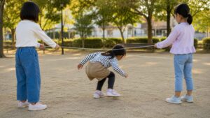 紐を通り抜けようとする子ども