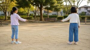 親子で昔遊びを楽しむ様子
