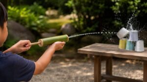 完成した竹水鉄砲で遊ぶ子ども