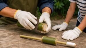 竹の切り口を安全になめらかにする作業